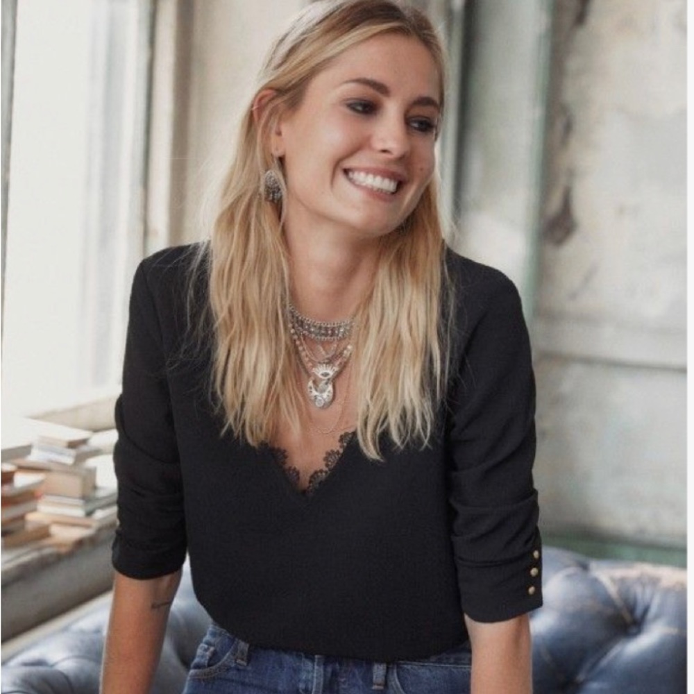 Sezane Black Lace-Trim V-Neck Blouse